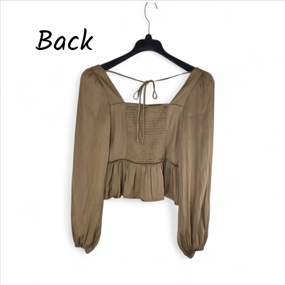 Joie XS Tan Satin Corset Top Puff Sleeve Cutout Tie-Back Romantic Date Night - Picture 4 of 11